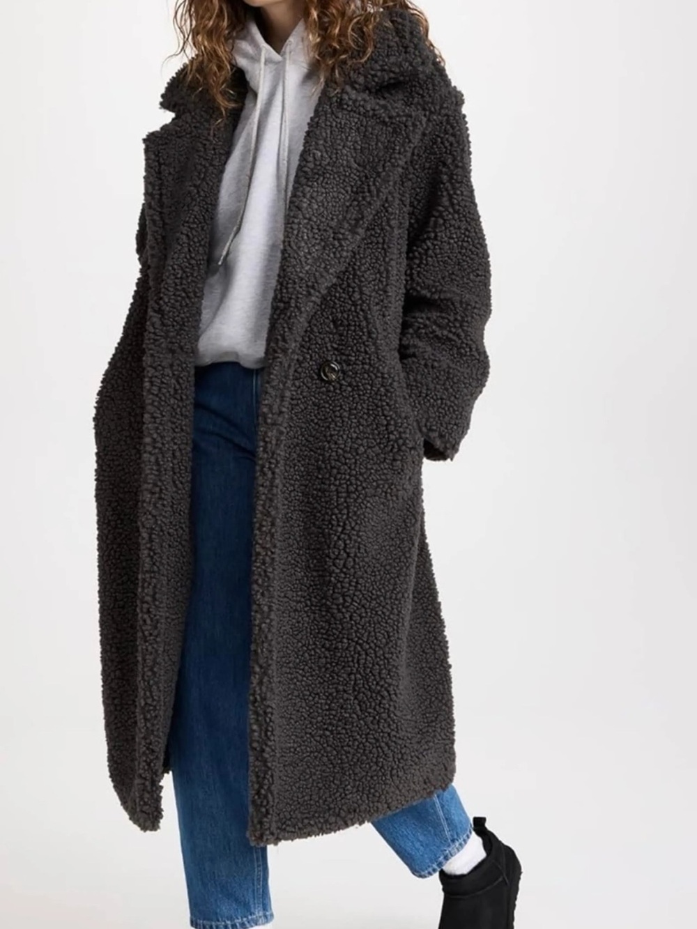 UGG Gertrude Long Teddy Coat II Gray Faux Fur Size M Double Breasted
